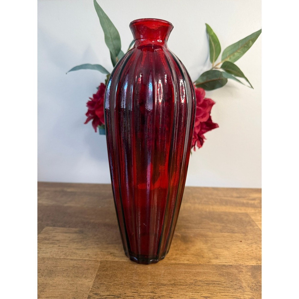 Vintage Ruby Red Glass Vase Tall Ribbed Fluted Art Deco Style Flower Vase